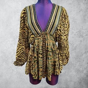 Conditions Apply Tiger Print Embroidered V-Neck Babydoll Blouse Medium D55